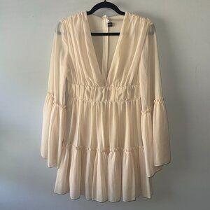 Missord Plunging Neckline Ivory Ruffle Hem Bell Sleeve Chiffon Flowy Dress Small